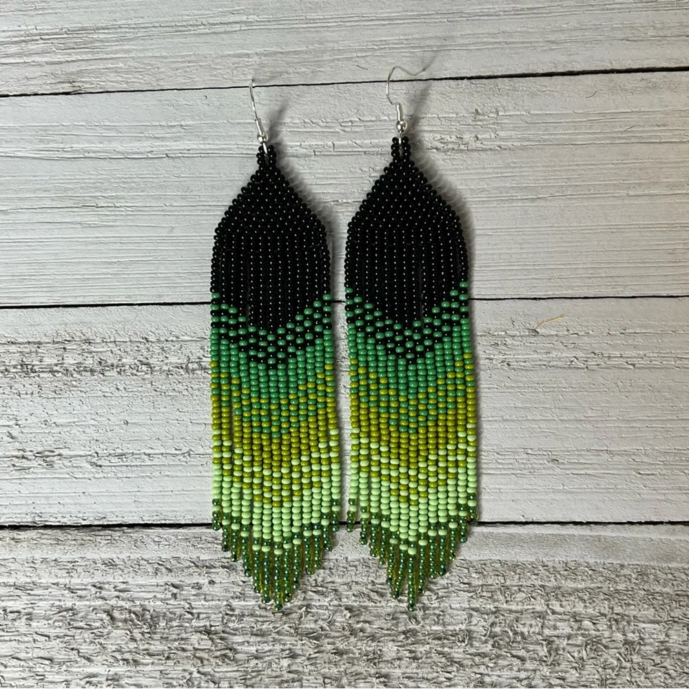 Green Black Seed Beaded Fringe Earrings Chevron Tassel Earrings Handmade Jewelry
